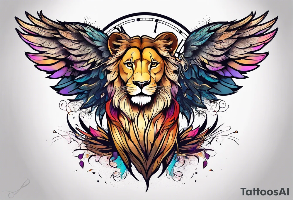 Lioness with wings clock tattoo idea