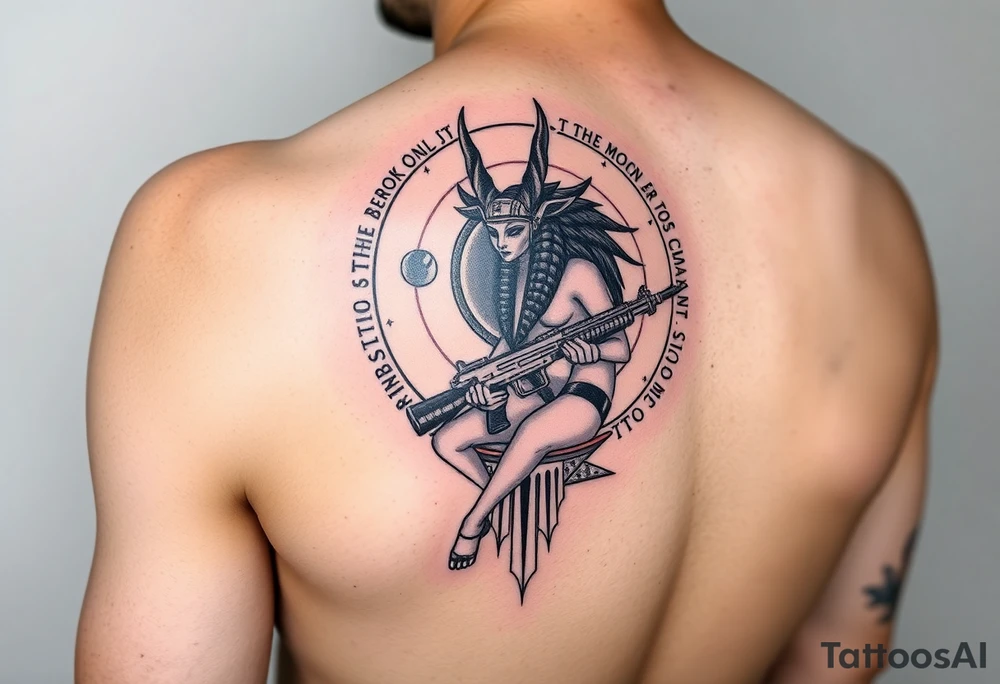 "Anubis in a ufo, holding a tommy gun. . Hieroglyph background spells 'BaCk TO THE MOON'.  

Style: Art Deco meets cyber-Egyptian. Black/red/gold ink. Forearm sleeve." tattoo idea