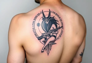 "Anubis in a ufo, holding a tommy gun. . Hieroglyph background spells 'BaCk TO THE MOON'.  

Style: Art Deco meets cyber-Egyptian. Black/red/gold ink. Forearm sleeve." tattoo idea