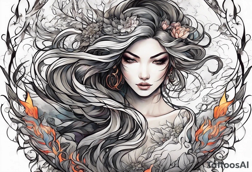 Resurrection strength and courage Beautiful Woman walking through fire and chaos to inner peace and self-love  ethereal tattoo idea