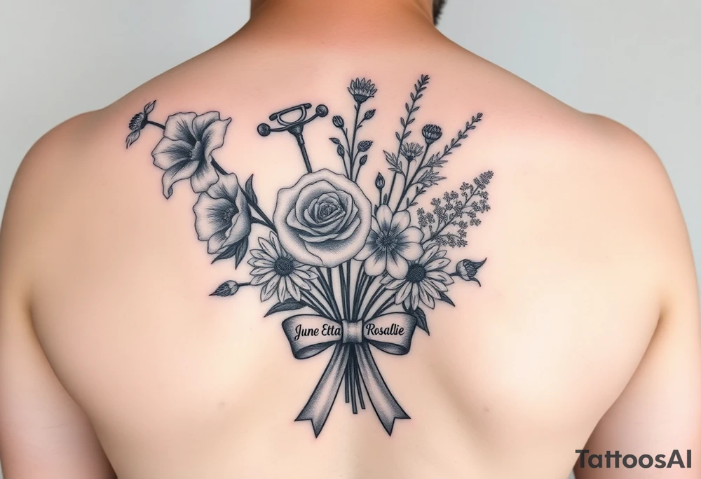Half arm sleeve tattoo of 3 hollyhock flowers, one wild rose, 5 wild flowers in a bouquet with ribbon bow towards the bottom like the just got picked. On the ribbon include three names: June Etta, Roxy, Rosalie. Next the bouquet put a full realistic doctors stethoscope tattoo idea