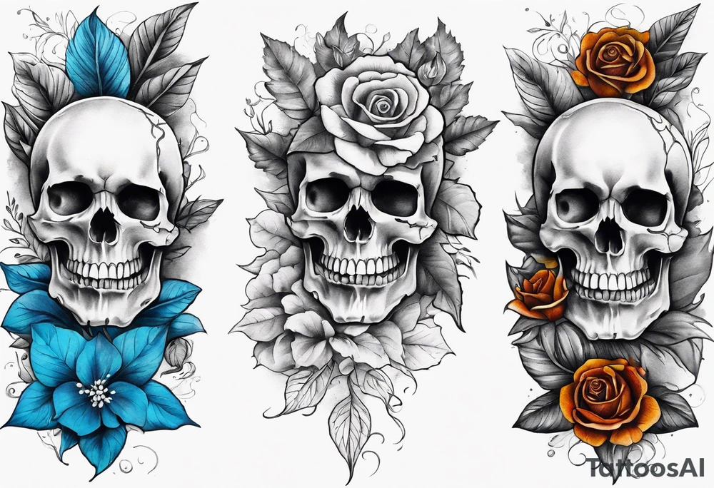 Front knee tattoo with fall colors, small flowers, rose, devil skull, leaves, blue water flows with washes and background Powell Peralta tattoo idea