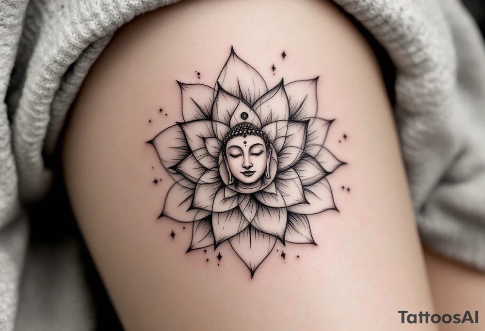 "Sacred Circle of the Lotus" – A delicate lotus flower in a circular shape, with the petals soft and flowing outward. In the center, a subtle Buddha's face or a small Om symbol to represent inner peace and enlightenment. tattoo idea