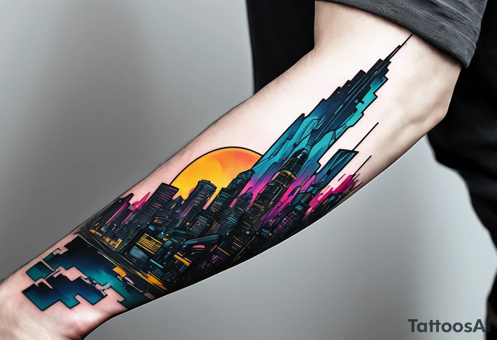 cyberpunk 2077, forearm tattoo, geometric, subtle, men, city skyline tattoo idea