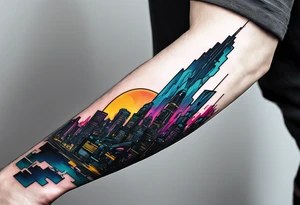 cyberpunk 2077, forearm tattoo, geometric, subtle, men, city skyline tattoo idea