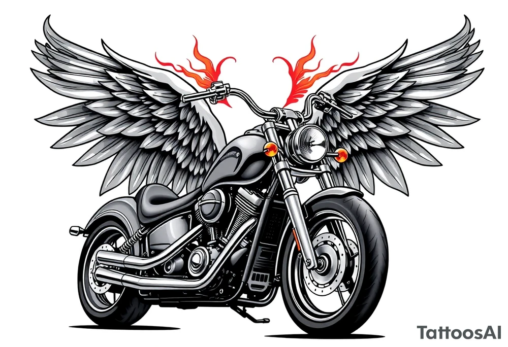 Low rider grey motorcycle, flames, angel wings tattoo idea