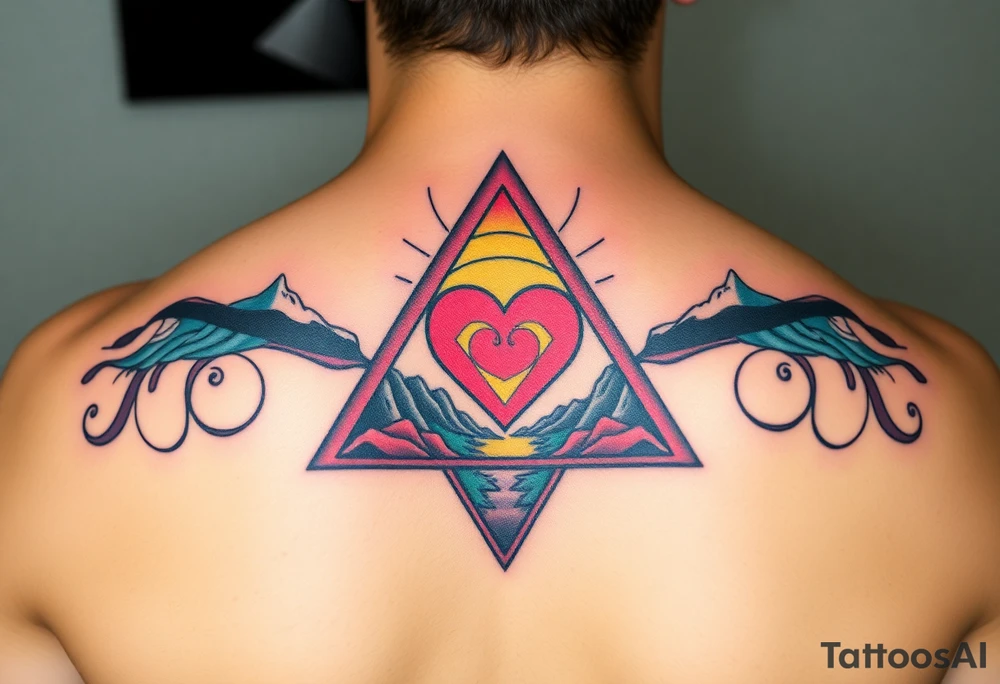 A triangle with a heart over the middle of the center and nature scene in background tattoo idea