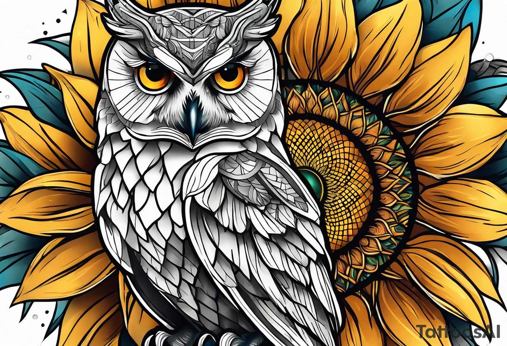 Owl and sunflower sleeve tattoo idea