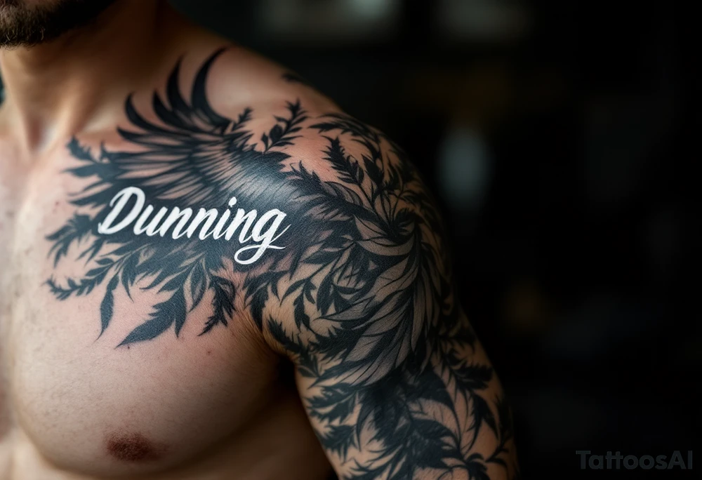 Dunning, Details include on left arm, name in white color,angel wing, wet jungle leaves,cool font, galaxy background filling, tattoo idea