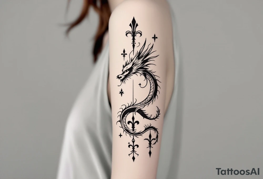 un dragon central entouré de fleurs de lys tattoo idea