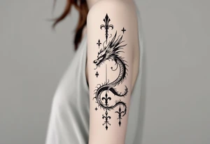 un dragon central entouré de fleurs de lys tattoo idea
