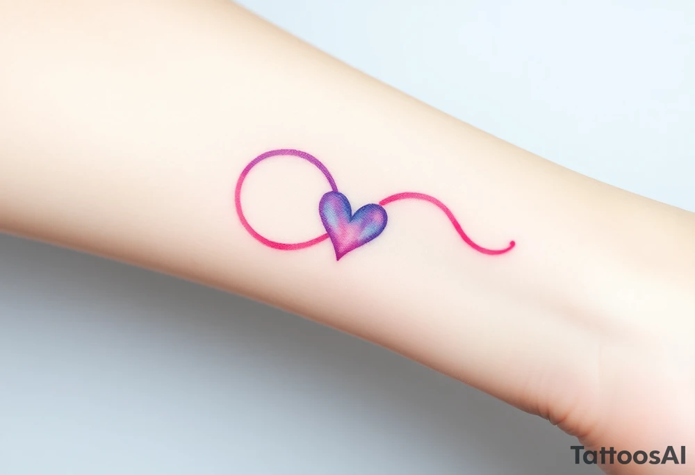 A soft watercolor full infinity symbol blending pink and purple hues, with a tiny heart at the center, creating a dreamy effect tattoo idea