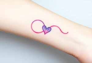 A soft watercolor full infinity symbol blending pink and purple hues, with a tiny heart at the center, creating a dreamy effect tattoo idea