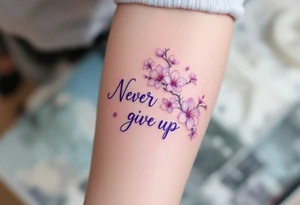 "Never give up" in delicate cursive inked in soft lavender, surrounded by blooming cherry blossoms. tattoo idea