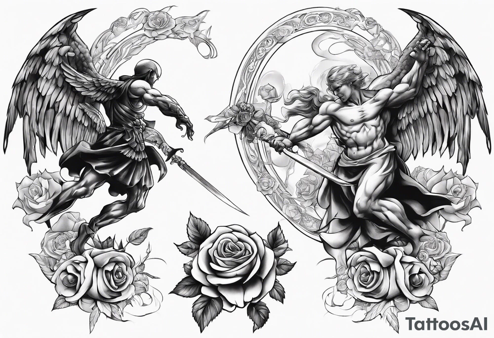 Archangel fighting a demon with roses tattoo idea