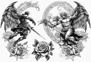 Archangel fighting a demon with roses tattoo idea