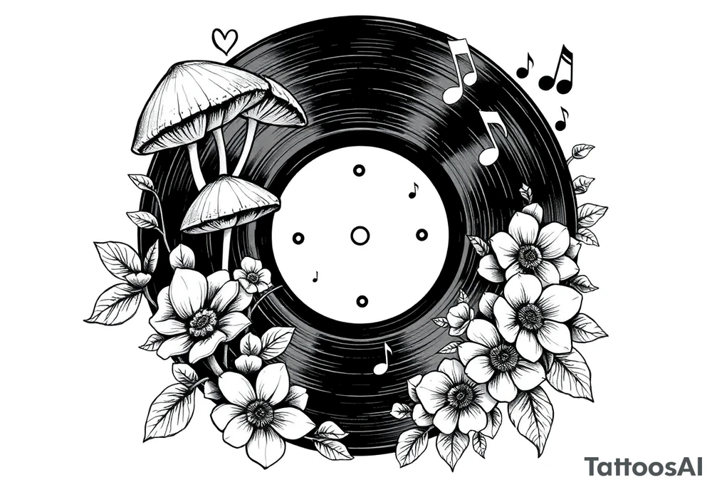 vinyl record with mushrooms, flowers, hearts, and music notes tattoo idea