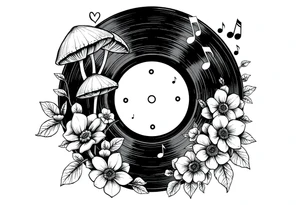 vinyl record with mushrooms, flowers, hearts, and music notes tattoo idea