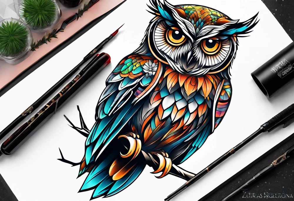 Full leg sleeve tattoo owl tattoo idea
