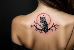 wise owl perched on ancient oak branch under starlit sky tattoo idea