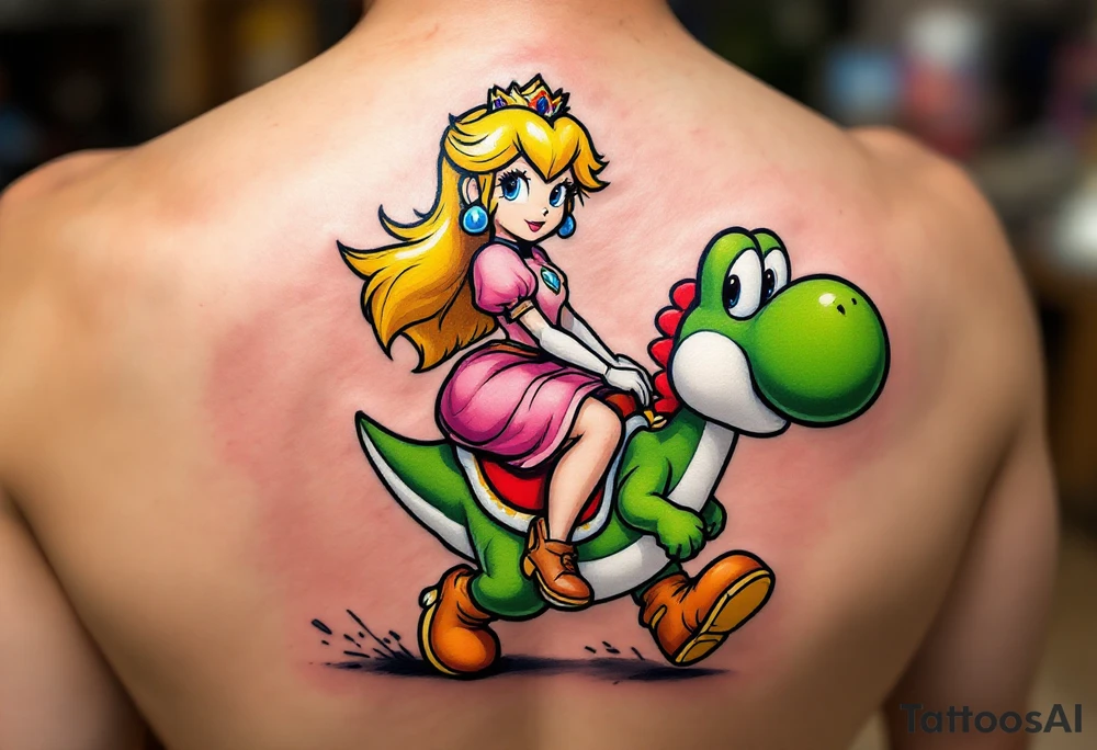 Princess Peach riding Yoshi from Mario Bros with vibrant colors. Make it more like the super Mario bros movie. Her dress should be poofier and covering her legs while he has red saddle with white trim. He should be walking upright. Make him look towards the camera tattoo idea