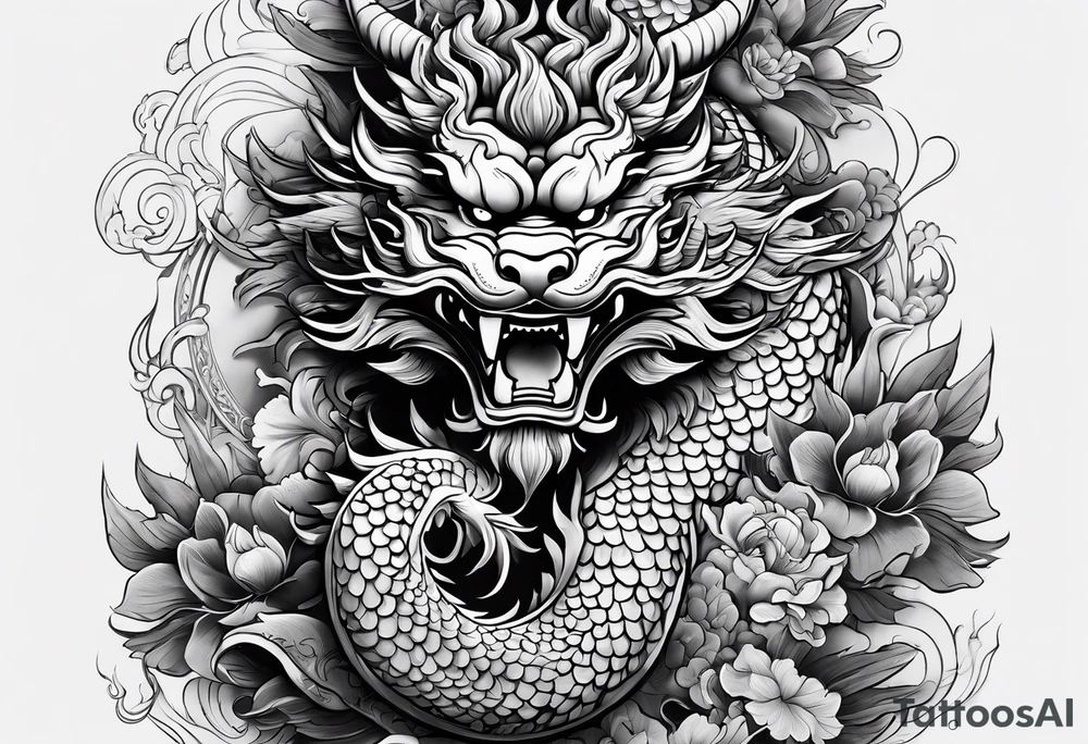 give me an asian gangster style tattoo with a dragon, foo dog on the back and mix it in with a greek style arm sleeve with achilles the greek god tattoo idea