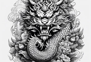 give me an asian gangster style tattoo with a dragon, foo dog on the back and mix it in with a greek style arm sleeve with achilles the greek god tattoo idea