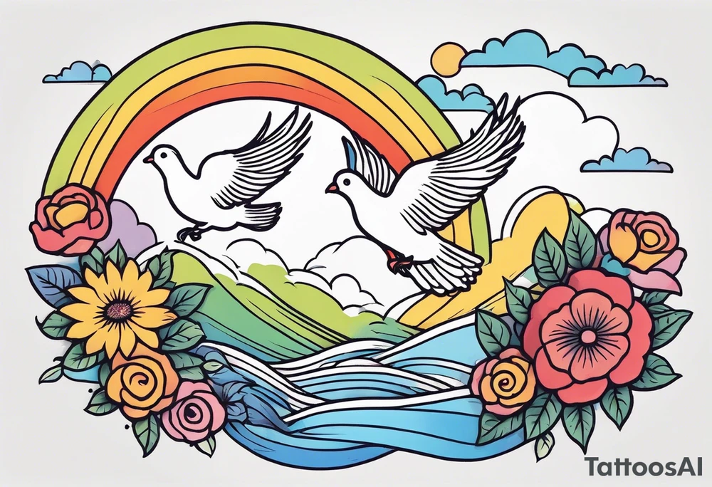 rainbow in clouds
with doves and vintage flowers
old school vintage simple traditional design 



bold color simple tattoo idea