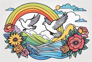 rainbow in clouds
with doves and vintage flowers
old school vintage simple traditional design 



bold color simple tattoo idea