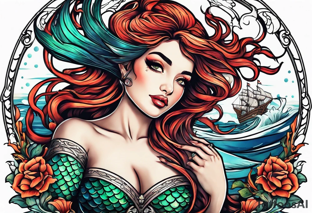 mermaid with galleon ship tattoo idea