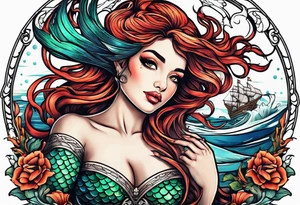 mermaid with galleon ship tattoo idea