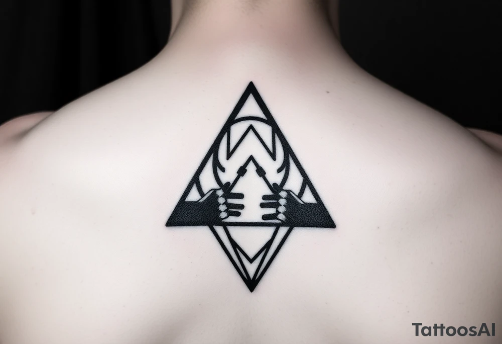 Geometric small triangle about different paths in life merge together and become stronger together while being psychedelic and trippy tattoo idea