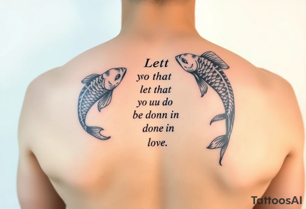 vertical verse going down the spine that says “ Let all that you do be done in love “ with two koi fish One on the Lower left of the verse and the other fish on the upper right of the verse tattoo idea