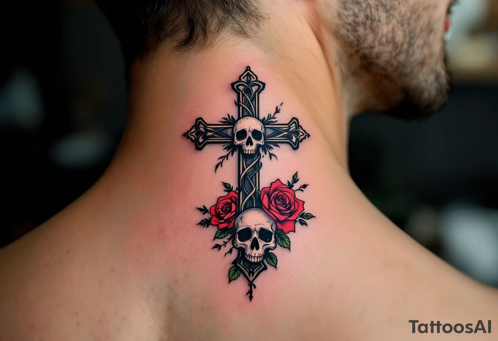 Cross with Skull and Roses – A small cross in shaded black intertwined with red roses and skull motifs at the base in the back of a nack, adding an edge with a combination of deep shadows and highlights. tattoo idea