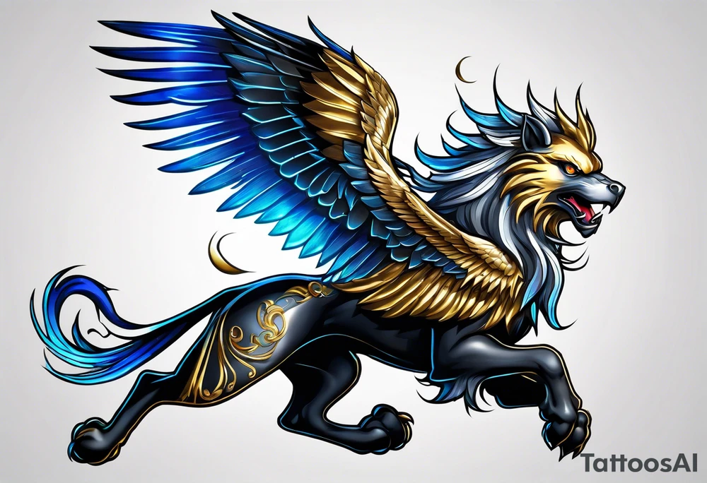 black cyber matallic griffin with golden and silver accents and blue neon tattoo idea