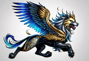 black cyber matallic griffin with golden and silver accents and blue neon tattoo idea