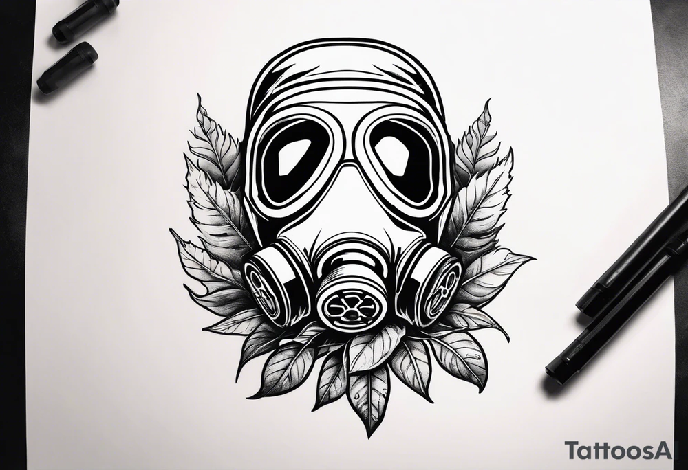 a dying plant in dirt with a gasmask next to it tattoo idea