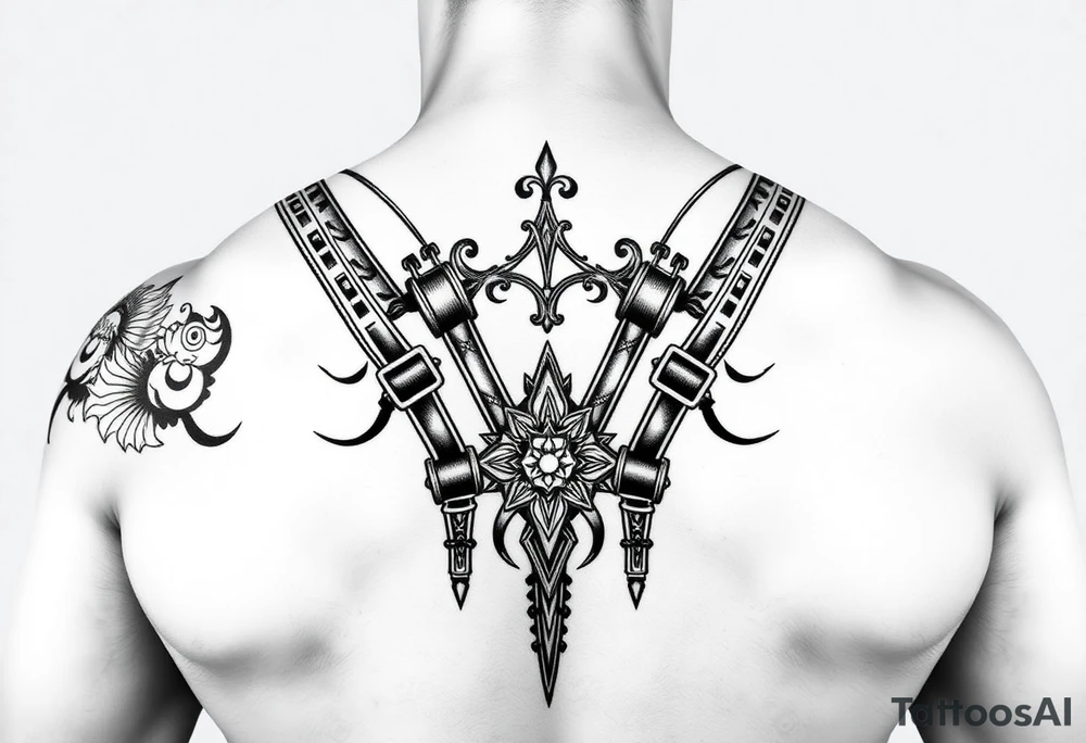 i want a tattoo that goes from the front to the back and and is similar to a harness. with connecting from my pecs to the back and also to my arms so they would be like the straps. i want to see the front and the back. i want it to be styled (the straps) like asian samoan type of pattern. i want the straps to look asian. not real straps. tattoo idea