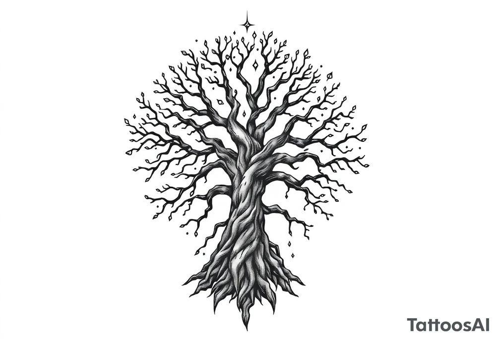 mystical tree of life with cosmic roots and celestial branches tattoo idea