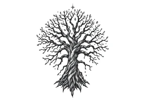 mystical tree of life with cosmic roots and celestial branches tattoo idea