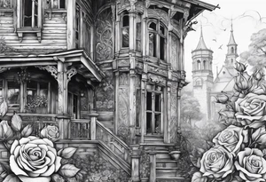 fool sleeve,, abandoned old gotic house, broken sword, roses, tattoo idea