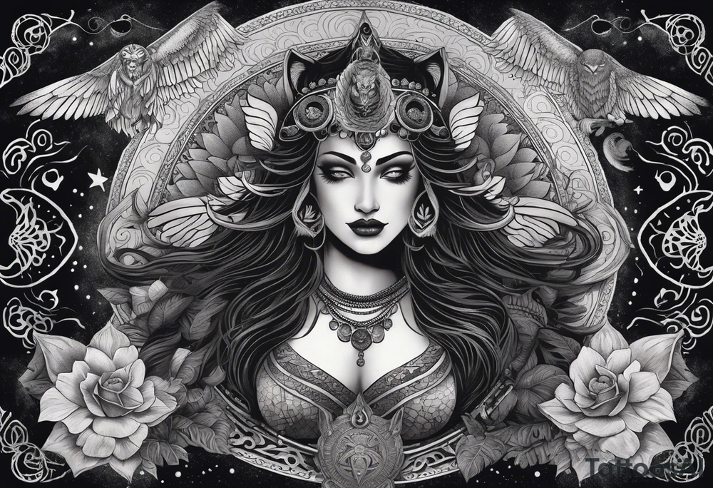 black kali, goddess pirate, alien, angel, pachamama, valkrye, warrior, flying, skull, lotus azul, wing, eagle, zenza resonance, stars, 5D, anahata chakra, death, durga, riding on a tiger, flying lady, kundalini, chest tatoo, samuri, rebel,serpent tattoo idea