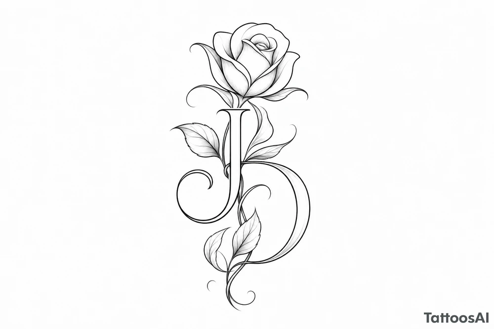 Intertwined J and D hidden within rose petals and leaves. less details more minimalist tattoo idea