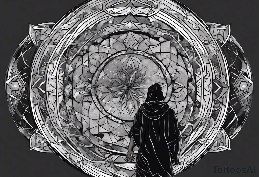 Jehovah looking out at the marvels of his creation from the atoms to the galaxy and celestial beings. With grey wash and a fantasy theme. Jehovah has to be a character who is so majestic, charismatic, immensely powerful. There isnt a single thing he isnt capable of doing. Infinitely powerful forward facing tattoo idea
