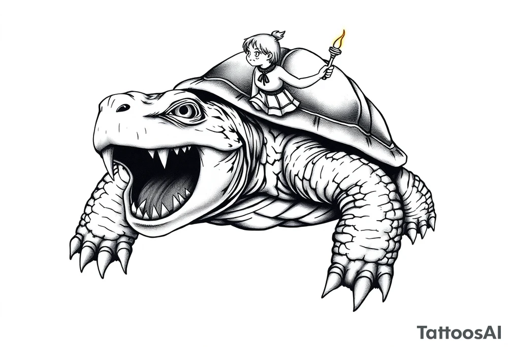 powerful and angry turtle with huge teeth and a tiny person who is very upset riding on the back holding a torch tattoo idea