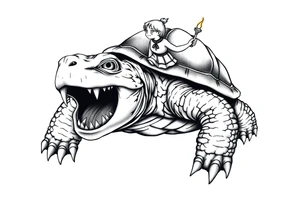 powerful and angry turtle with huge teeth and a tiny person who is very upset riding on the back holding a torch tattoo idea