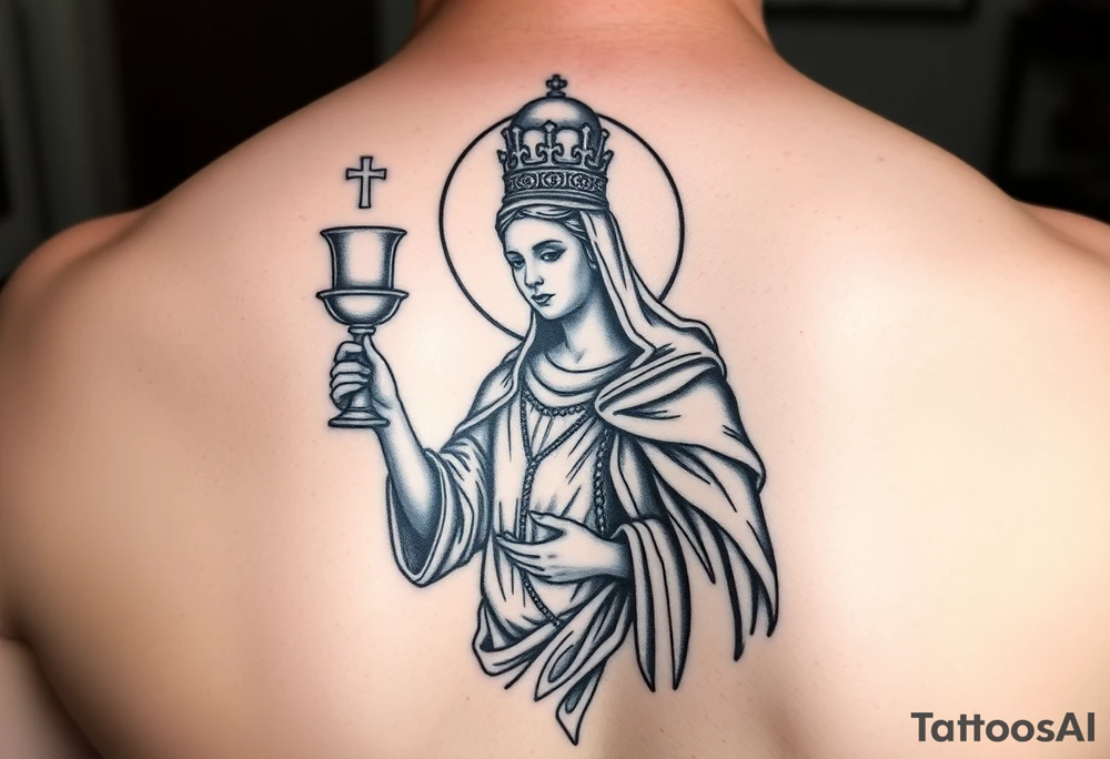 Saint Barbara tattoo holding chalice with tower in background  artillery tattoo idea