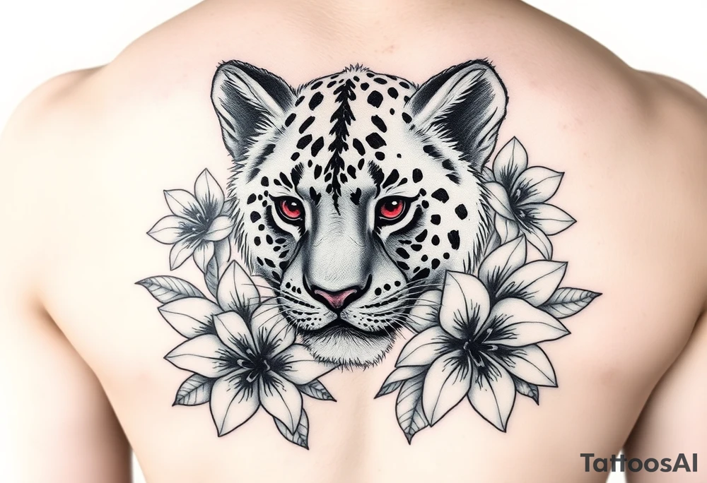 Female lion baby with ruby eyes and tiger lillies around tattoo idea