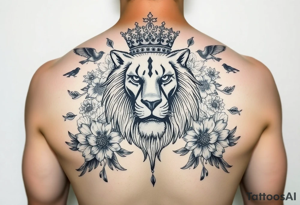 powerful majestic lion with a crown, surrounded by floral ornaments and birds tattoo idea