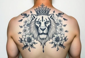 powerful majestic lion with a crown, surrounded by floral ornaments and birds tattoo idea